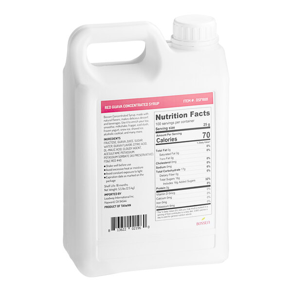 A white plastic jug of Bossen Red Guava Concentrated Syrup with a white label.