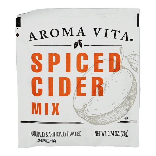 A white Cafe Delight bag of spiced apple cider mix with orange text and a picture of fruit.