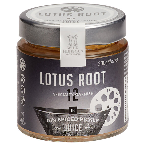 A jar of Wild Hibiscus Lotus Root in Gin-Spiced Pickle Juice with a label.