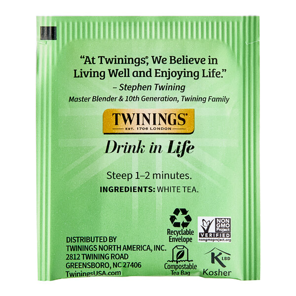 A green Twinings Pure White Tea packet with black text.