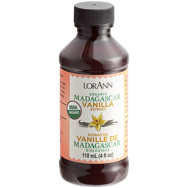 A bottle of LorAnn Organic Madagascar Vanilla Extract with a label.