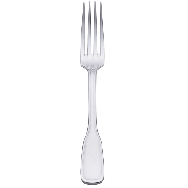 A silver Oneida Stanford stainless steel dinner fork with a white background.