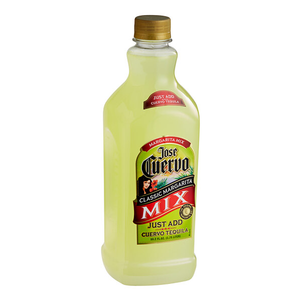 A Jose Cuervo Margarita Mix bottle filled with yellow liquid.
