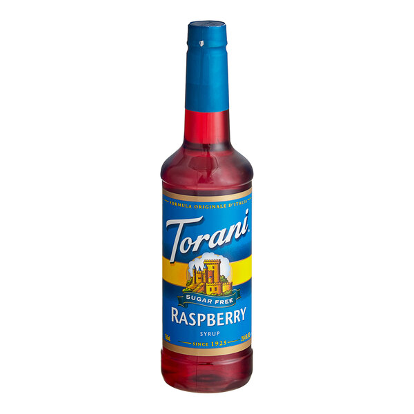 A close up of a Torani Sugar-Free Raspberry Flavoring Syrup bottle with a blue label.