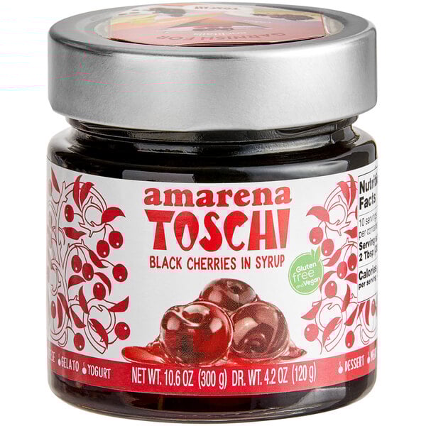 A jar of Toschi Amarena black cherries in syrup.