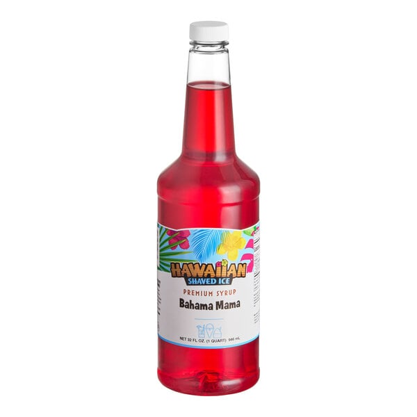 A 32 fl. oz. bottle of Hawaiian Shaved Ice Bahama Mama snow cone syrup.