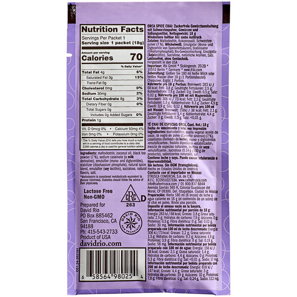 A purple and white package of David Rio Orca Spice Sugar-Free Chai Tea Latte Single Serve Packets.