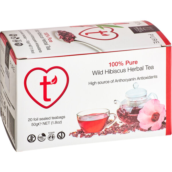 A white box of Wild Hibiscus Heart-Tee Hibiscus Herbal Tea Bags.