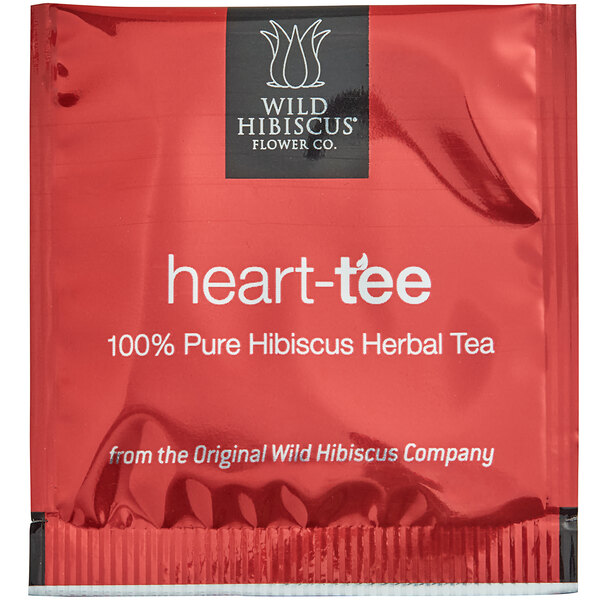 A red and white Wild Hibiscus Heart-Tee herbal tea bag packet.