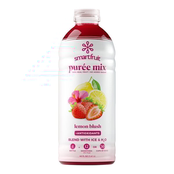 A white bottle of Smartfruit Lemon Blush puree with a label featuring fruit.