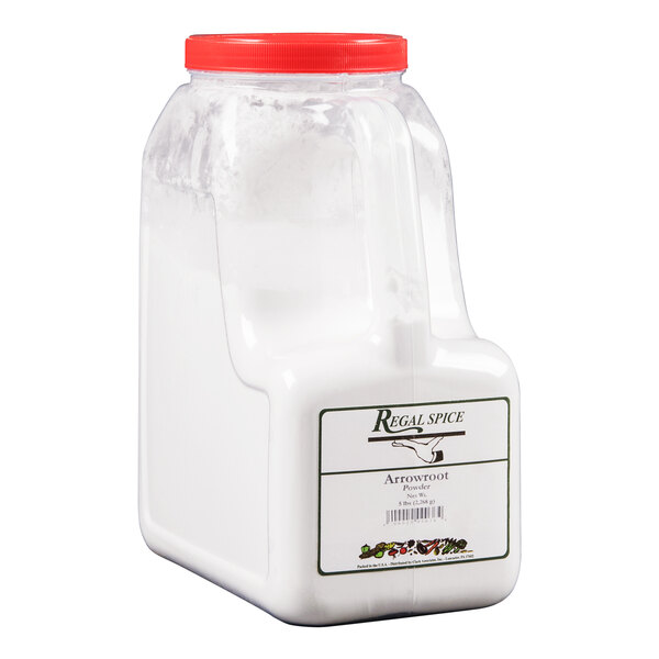 A large plastic container of Regal brand arrowroot powder with a red lid.