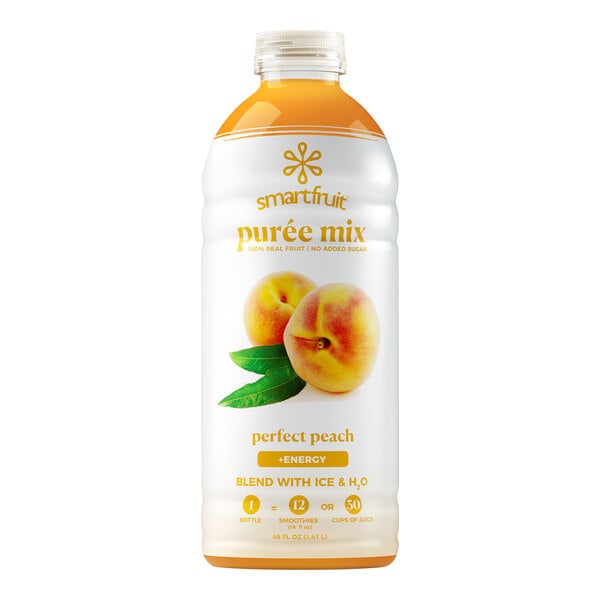 A white plastic bottle of Smartfruit Perfect Peach Puree with a label showing peaches.