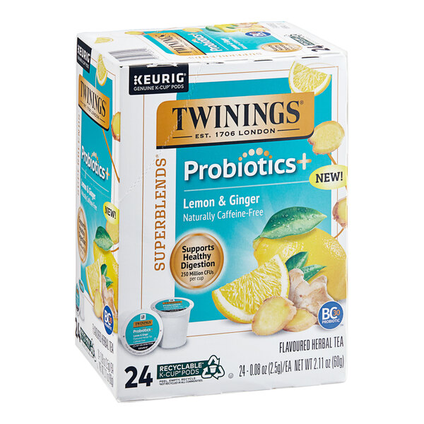 A box of Twinings Probiotics Lemon & Ginger Tea K-Cup Pods.