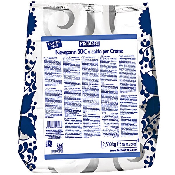 A white and blue bag of Fabbri Nevepann hot process gelato base with text.