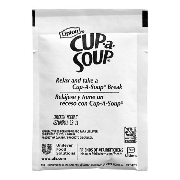 A white Lipton Cup-a-Soup packet with black text.