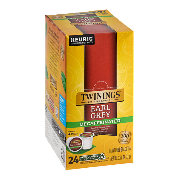 A box of 20 Twinings Earl Grey Decaffeinated Tea K-Cup Pods.
