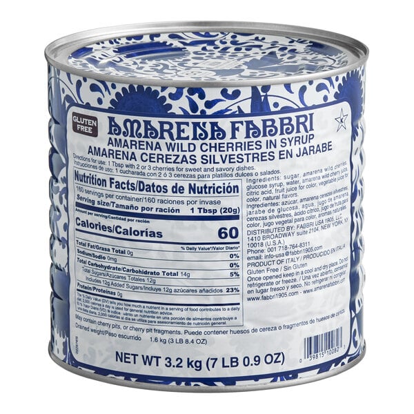 A large can of Fabbri Amarena wild cherries in syrup weighing 3.2 kg (7 lb).