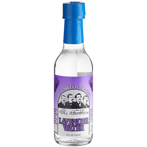 A bottle of Fee Brothers lavender water with a purple label.