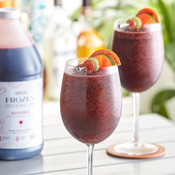 A wine glass filled with Narvon Sangria.
