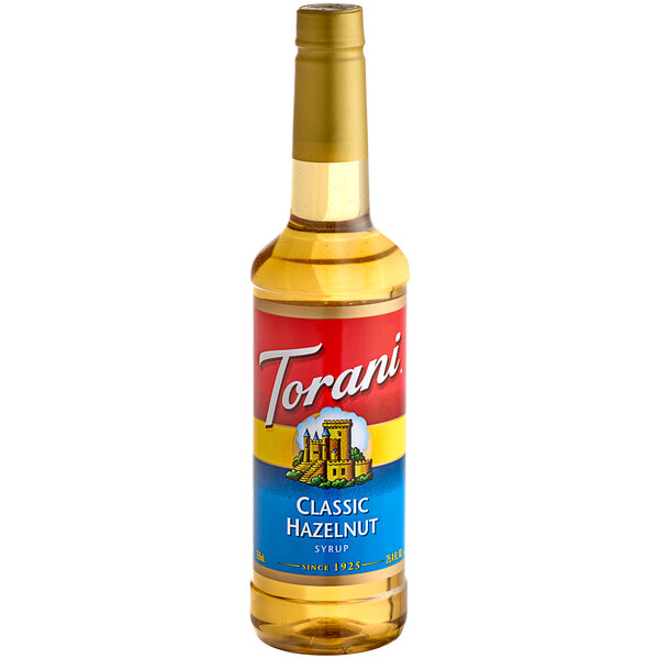 A Torani Classic Hazelnut flavoring syrup plastic bottle.