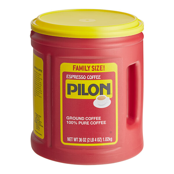 A red can of Pilon Espresso Ground Coffee with a yellow lid.