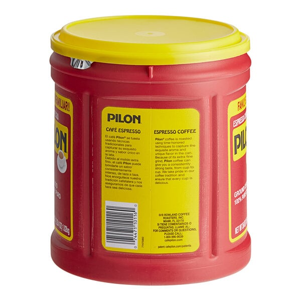 A red and yellow Pilon Espresso ground coffee container with yellow lid.