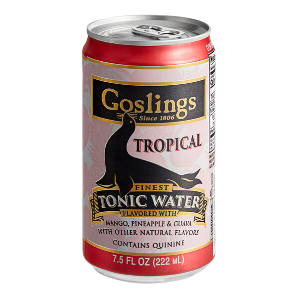 A Goslings Tropical Tonic Water can with a pink label.