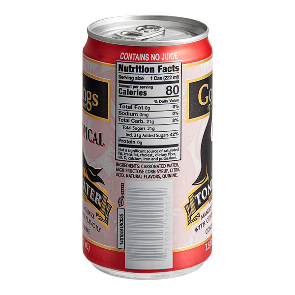 A close-up of a Goslings Tropical Tonic Water can with a label.