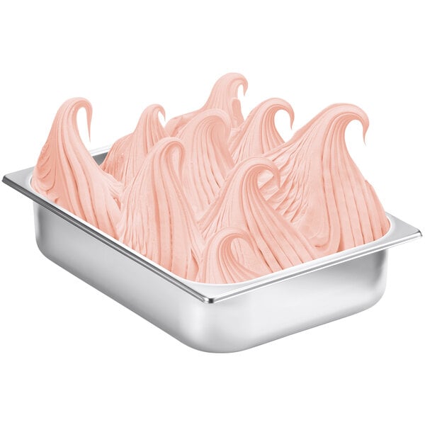 A metal tray with pink Fabbri frozen dessert mix swirls.