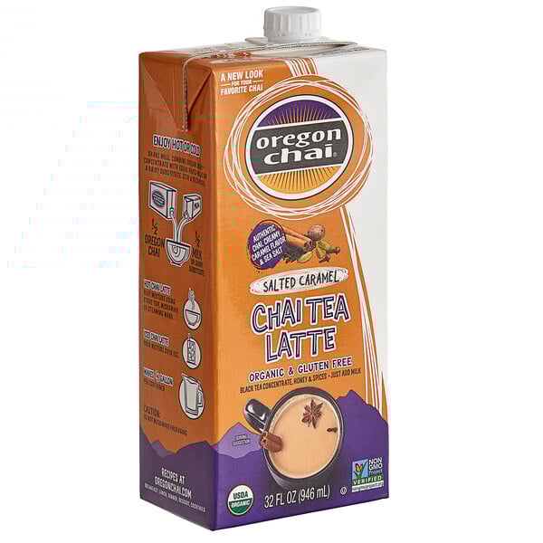 A white and orange carton of Oregon Chai Salted Caramel Chai Tea Latte.