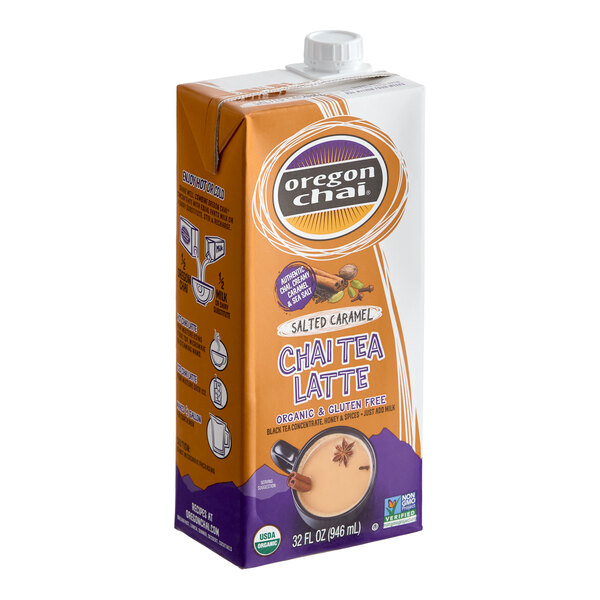 A 32 fl. oz. carton of Oregon Chai Organic Salted Caramel Chai Tea Latte concentrate.