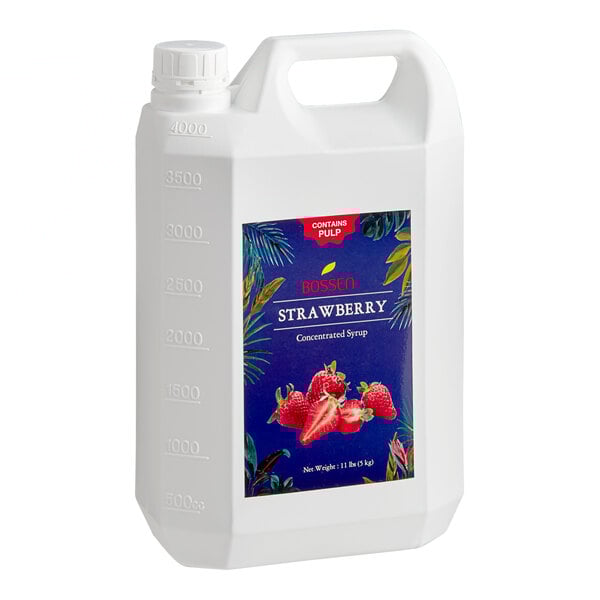 A white plastic container of Bossen strawberry liquid concentrate with a label.