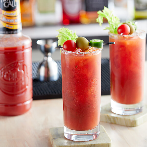 A table with glasses of Finest Call Loaded Bloody Marys.