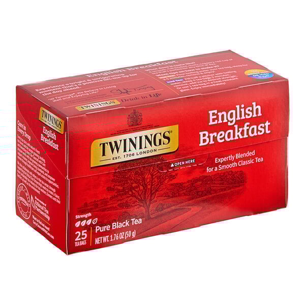 A case of 150 Twinings English Breakfast Tea Bags in a red box with white text.