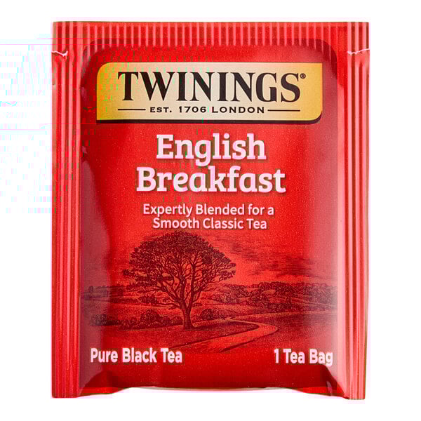 A red box of Twinings English Breakfast Tea Bags.