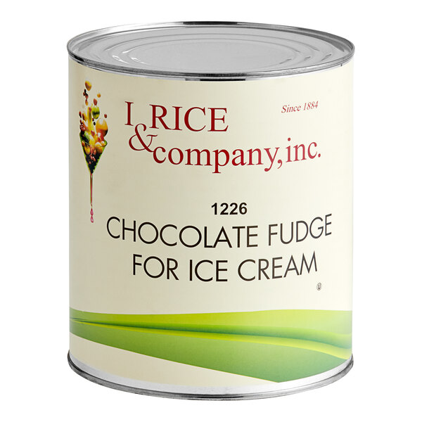 A white #10 can of I. Rice Chocolate Fudge hard serve ice cream base with the Rice & Company logo.