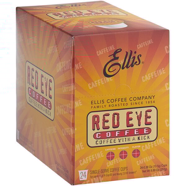 A case of 24 Ellis Red Eye coffee single serve cups.