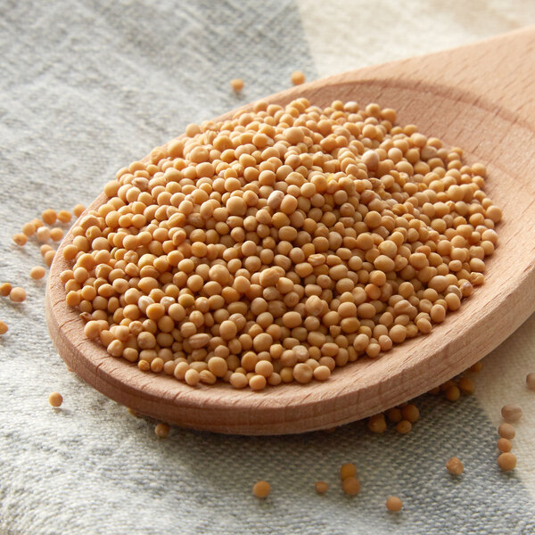 A wooden spoon filled with Regal yellow mustard seeds.