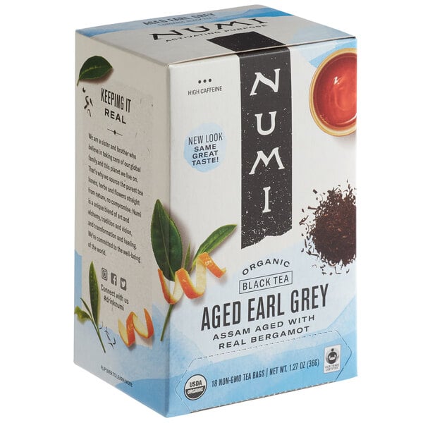 A white box of 6 Numi Organic Aged Earl Grey Tea bags.