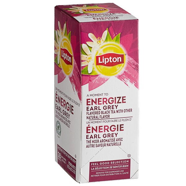 A white Lipton Earl Grey Tea box with text and flowers.