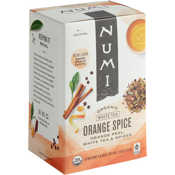 A white box of Numi Organic Orange Spice Tea Bags with text and images.