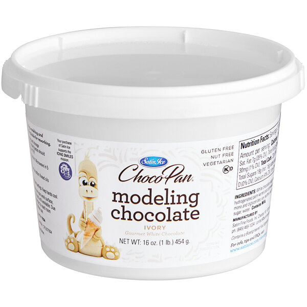 A white Satin Ice ChocoPan tub of ivory modeling chocolate.