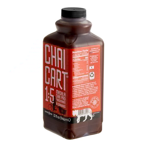 A 32 fl. oz. bottle of Chai Cart Masala Chai Pro concentrate by David Rio.