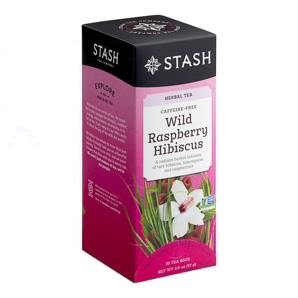 A box of 6 Stash Wild Raspberry Hibiscus Herbal Tea Bags with text and flowers.