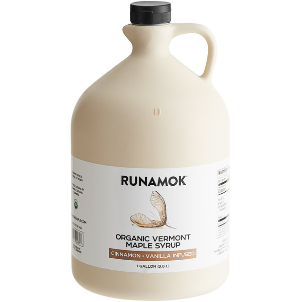 A Runamok jug of Grade A maple syrup infused with cinnamon and vanilla.