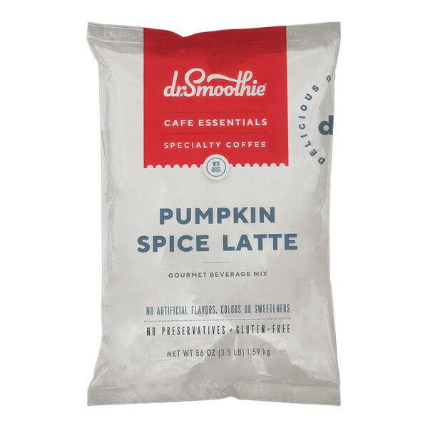 A white bag of Dr. Smoothie Cafe Essentials Pumpkin Spice Latte Beverage Mix with a red label.