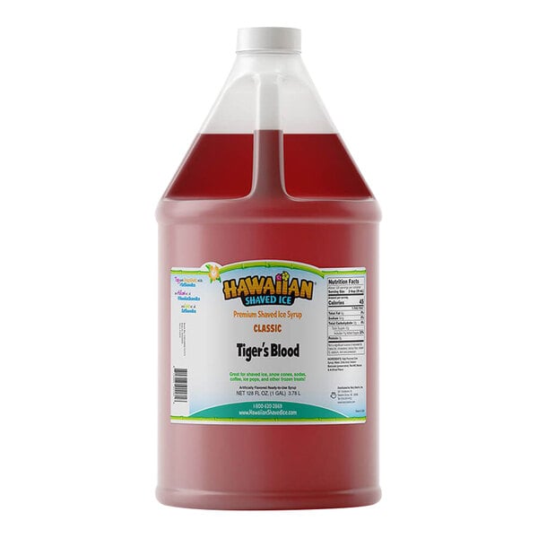 A one-gallon jug of Hawaiian Shaved Ice Tiger's Blood snow cone syrup.