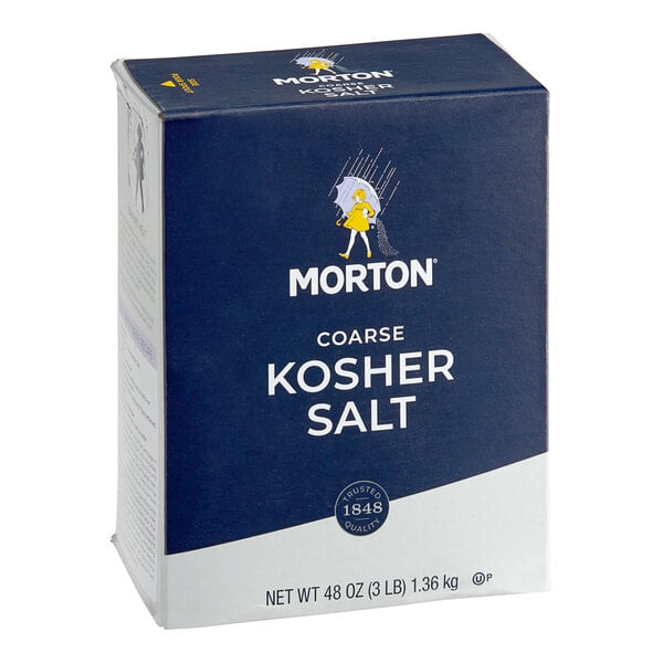 A blue and white box of Morton Coarse Kosher Salt with white text.
