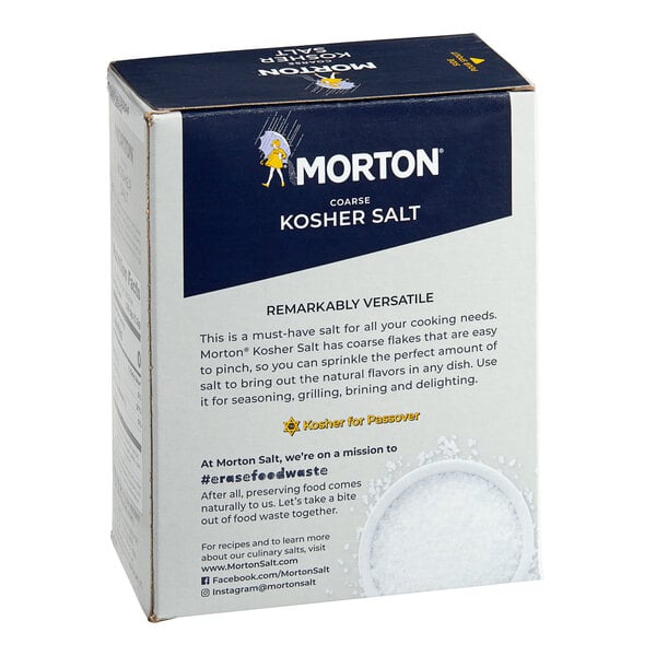 A case of 12 Morton Coarse Kosher Salt boxes with white labels.