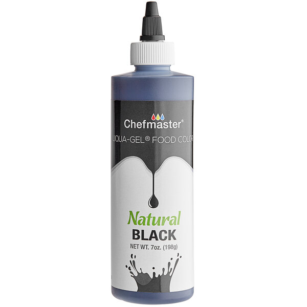A Chefmaster Natural Black food coloring bottle.
